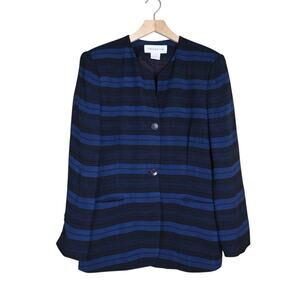 Jones New York Womens 14 Blue Black Button Front Silk Blazer